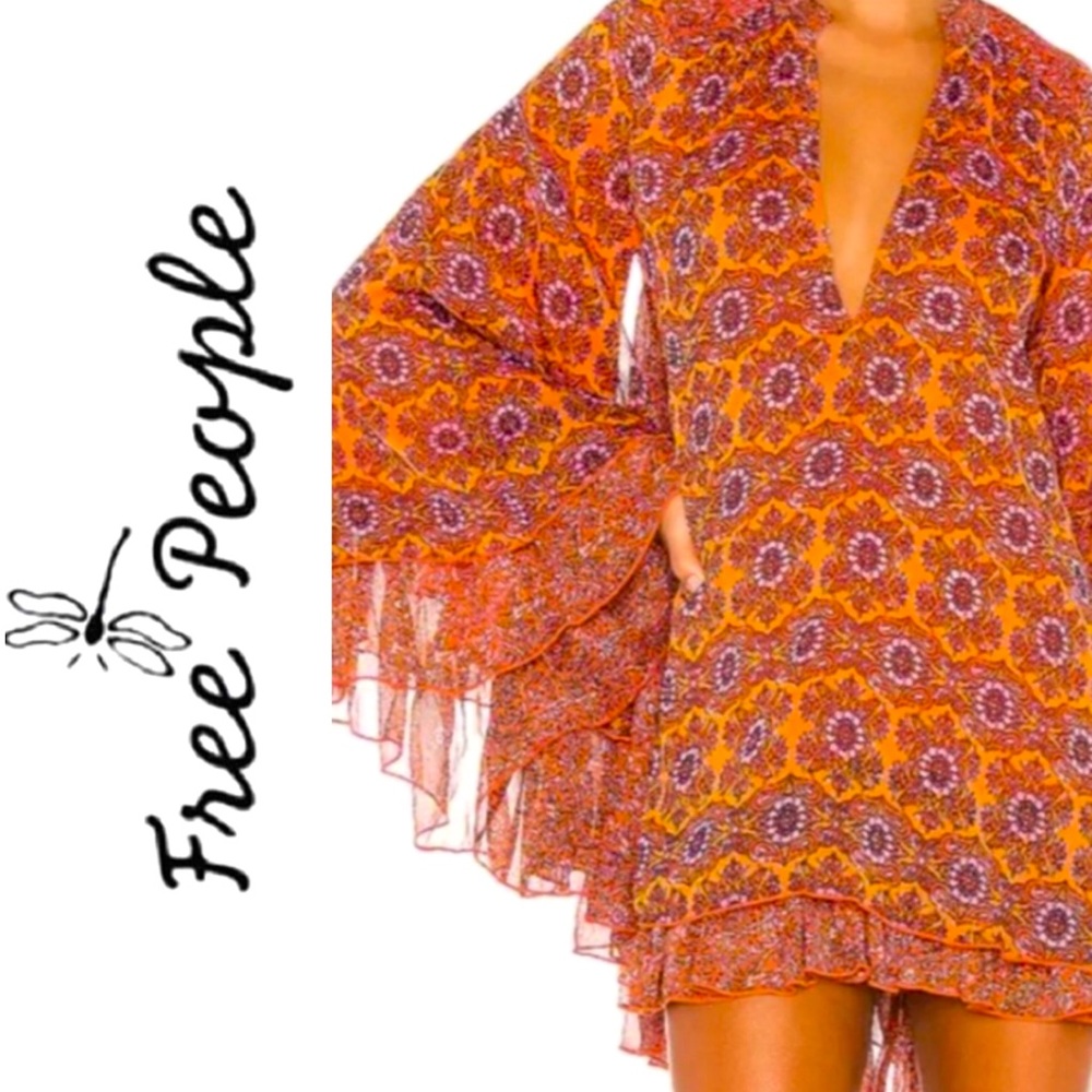 NEW FREE PEOPLE Flowy Boho Floral Orange & Purple Angel Wing Mini Dress /Tunic S
